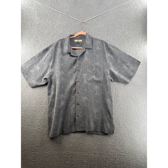 Tommy Bahama Palm Tree Print 100% Silk Button-Up Short Sleeve Shirt Gray Size L - Picture 1 of 9